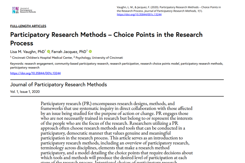 Screenshot of resource: Participatory Research Methods – Choice Points in the Research Process