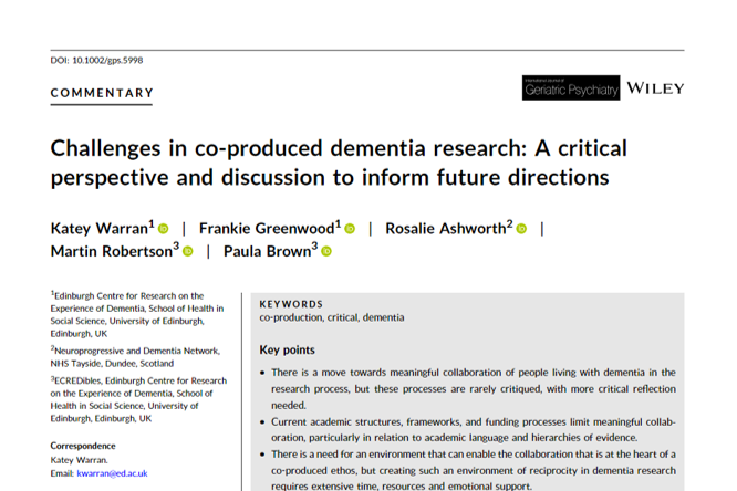 Screenshot of resource: Challenges in co‐produced dementia research: A critical perspective and discussion