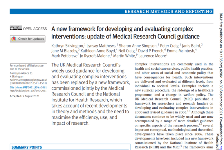 Screenshot of resource: A new framework for developing and evaluating complex interventions: update of Medical Research Council guidance