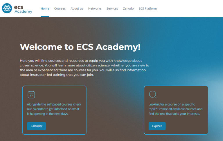 A screenshot of the ECS Academy homepage, with a welcome message and various page links.