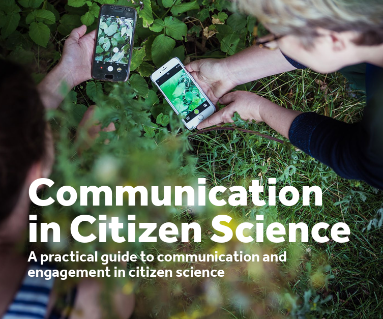 The cover of the guide, with the title "Communication in Citizen Science A practical guide to communication and engagement in citizen science" over a photograph of two people using a citizen science app outdoors.