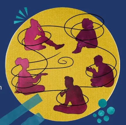 A yellow circle with seated figures connected by a curving black line.